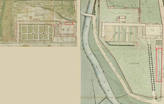 Tanlistwa, Extraits des plans de l'hôpital de Fort-Royal de 1763 et 1808. Les rectangles rouges signalent les espaces dédiés au logement des esclaves.