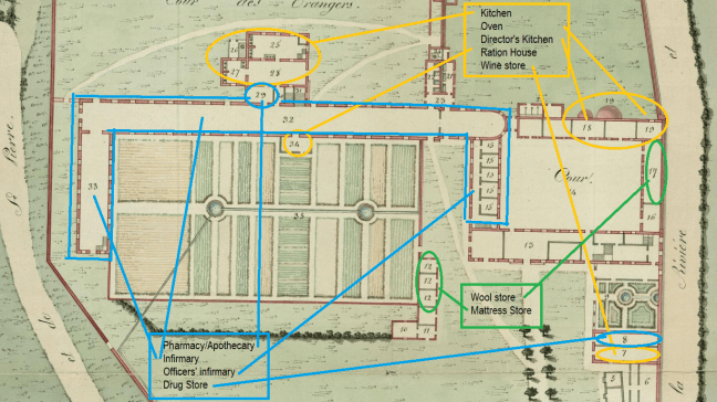 tanlistwa, Detail of the 1808 plan highlighting the spaces where some enslaved people worked according to the type of activities.