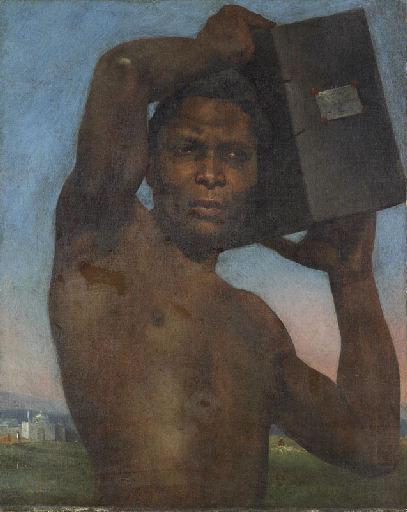 tanlistwa, peinture représentant un homme Noir, buste et tête presque de face, torse nu, portant une caisse sur sa gauche décollée de son épaule qu'il tient à deux mains, il a le regard droit comme posé au loin, en arrière plan un paysage lointain avec un batîment blanc sur la gauche