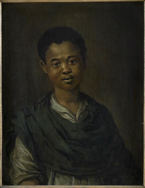 tanlistwa, peinture sur fond sombre représentant un jeune garçon noir de face, visage rond et jonflue, regardant vers le peintre, il porte une chemise claire simple, surmontée d'une étoffe sombre, il semble sourire légèrement