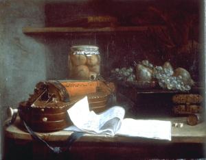 tanlistwa, Nature morte à la vielle par Henri Horace ROLAND DE LA PORTE, XVIIIe, bocal de fruits confits