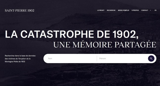 capture d'écran de la base de données de la catastrophe de 1902.